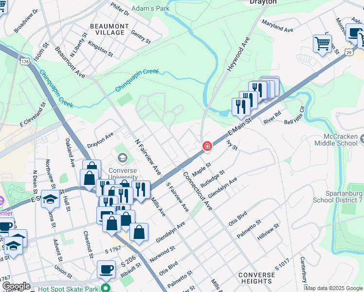 map of restaurants, bars, coffee shops, grocery stores, and more near 147 Oakwood Avenue in Spartanburg