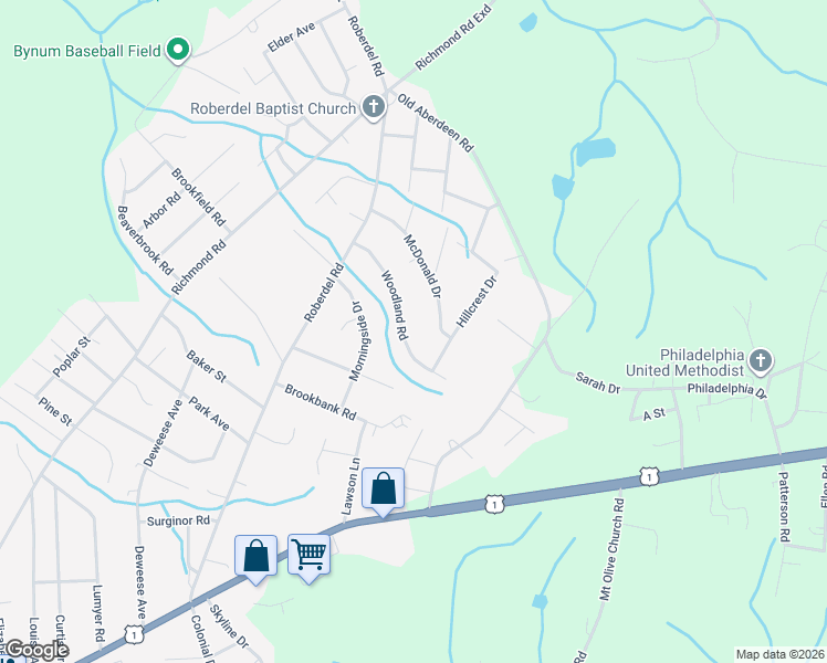 map of restaurants, bars, coffee shops, grocery stores, and more near 126 McDonald Drive in Rockingham