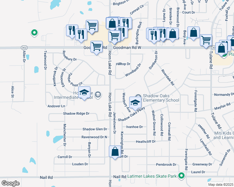 map of restaurants, bars, coffee shops, grocery stores, and more near 6650 Jamestown Drive in Horn Lake