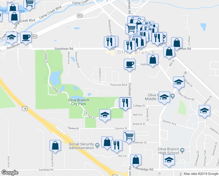 map of restaurants, bars, coffee shops, grocery stores, and more near 8894 Parkview Oaks Circle in Olive Branch