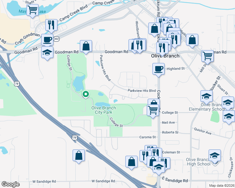 map of restaurants, bars, coffee shops, grocery stores, and more near Oak Heights Ln in Olive Branch