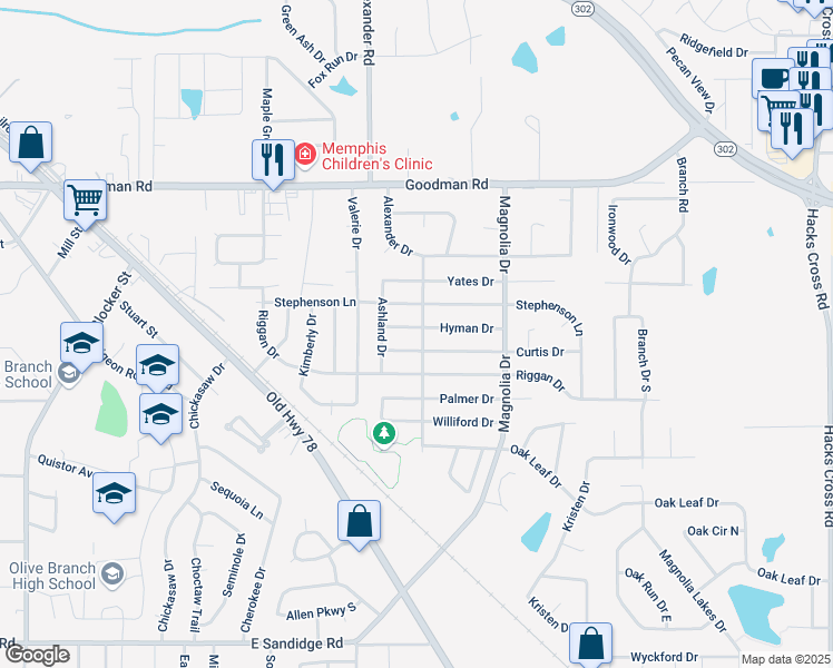 map of restaurants, bars, coffee shops, grocery stores, and more near 10101 Hyman Drive in Olive Branch
