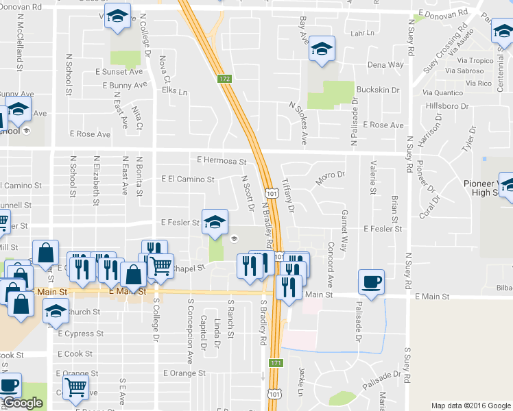 map of restaurants, bars, coffee shops, grocery stores, and more near 502 Scott Drive in Santa Maria