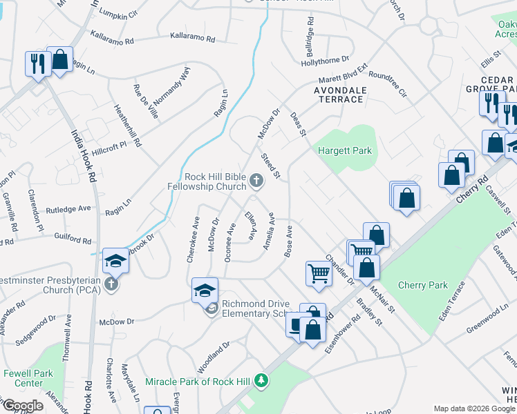 map of restaurants, bars, coffee shops, grocery stores, and more near 1334 Amelia Avenue in Rock Hill
