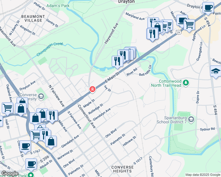 map of restaurants, bars, coffee shops, grocery stores, and more near 145 Ivy Street in Spartanburg