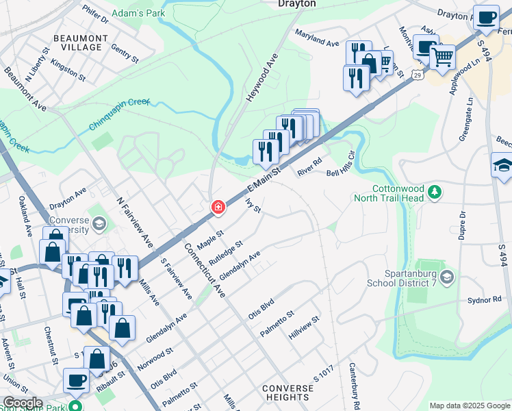 map of restaurants, bars, coffee shops, grocery stores, and more near 145 Ivy Street in Spartanburg