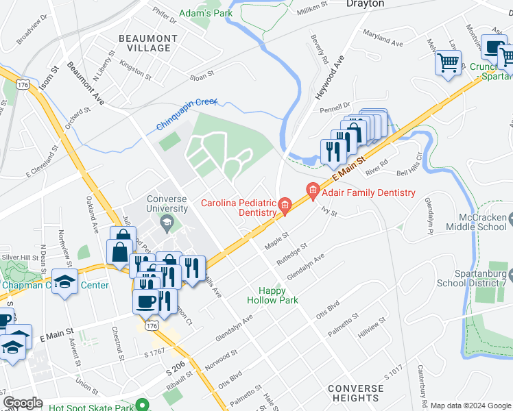 map of restaurants, bars, coffee shops, grocery stores, and more near 147 Oakwood Avenue in Spartanburg