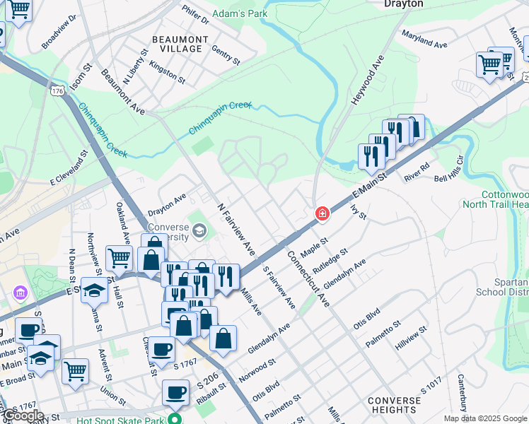 map of restaurants, bars, coffee shops, grocery stores, and more near 152 Lucky Penny Lane in Spartanburg