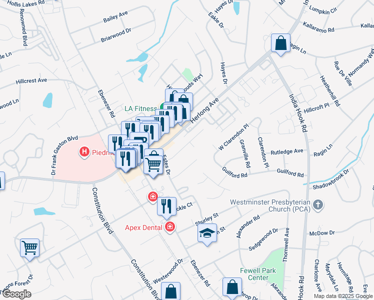 map of restaurants, bars, coffee shops, grocery stores, and more near 242 Ratterree Circle in Rock Hill