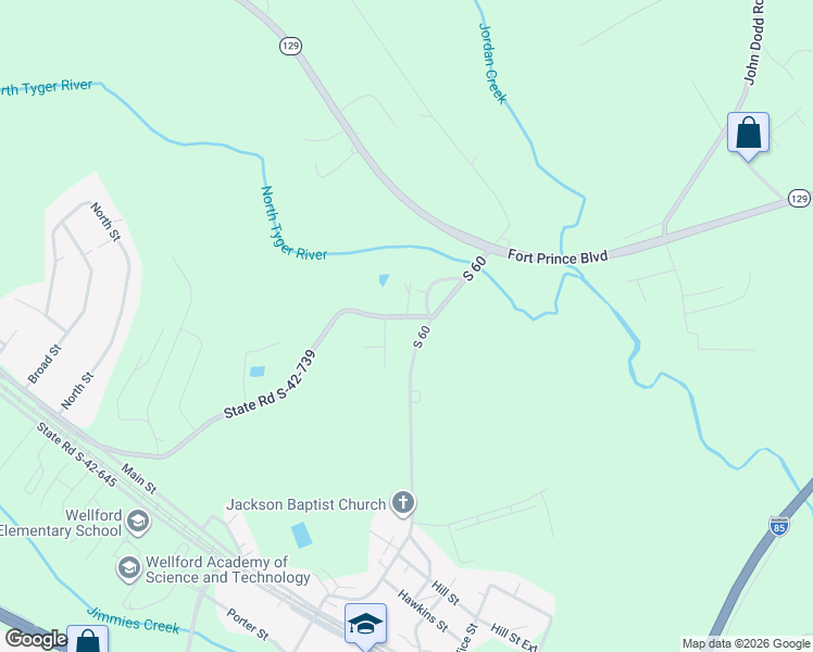 map of restaurants, bars, coffee shops, grocery stores, and more near 698 Foster Road in Wellford