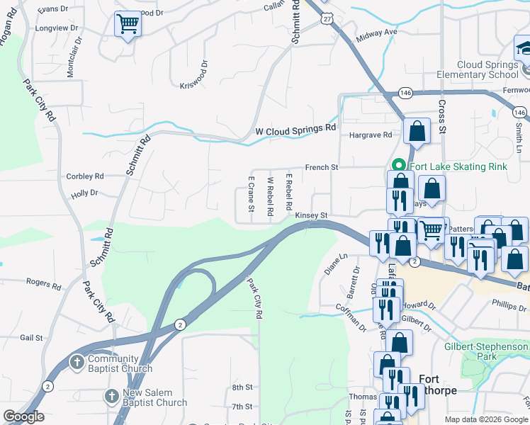 map of restaurants, bars, coffee shops, grocery stores, and more near 1506 East Crane Street in Rossville