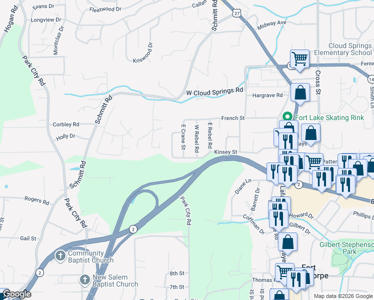 map of restaurants, bars, coffee shops, grocery stores, and more near 1506 East Crane Street in Rossville