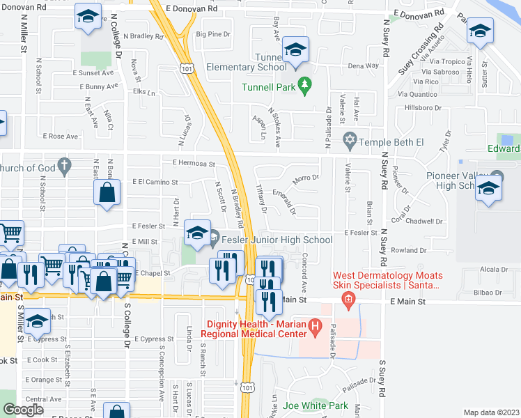 map of restaurants, bars, coffee shops, grocery stores, and more near 427 Tiffany Drive in Santa Maria