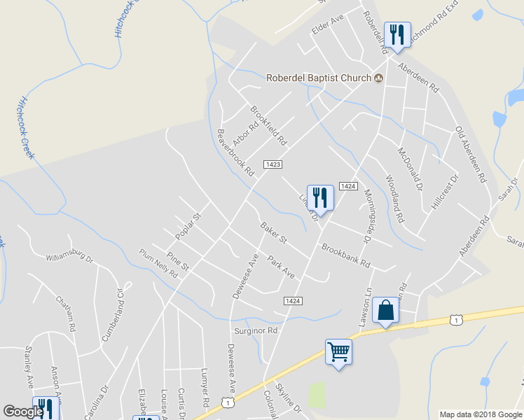map of restaurants, bars, coffee shops, grocery stores, and more near 1809 Baker Street in Rockingham