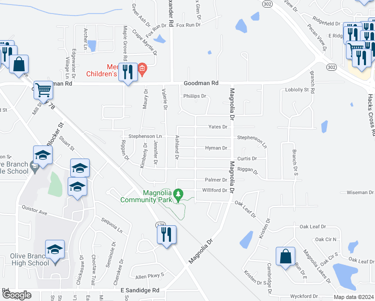 map of restaurants, bars, coffee shops, grocery stores, and more near 10073 Hyman Drive in Olive Branch