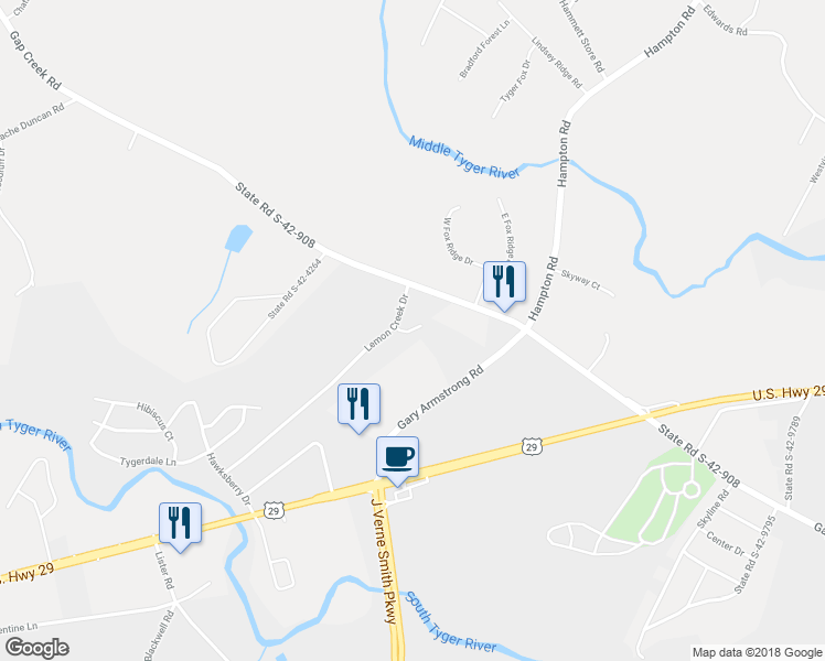 map of restaurants, bars, coffee shops, grocery stores, and more near 222 Yamasee Court in Lyman