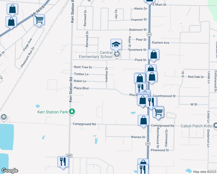 map of restaurants, bars, coffee shops, grocery stores, and more near 29 Ivanhoe Drive in Cabot