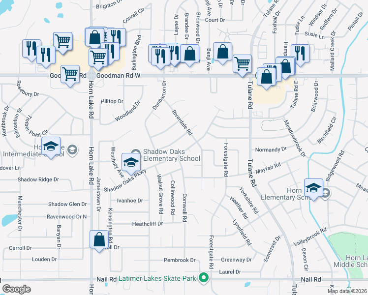 map of restaurants, bars, coffee shops, grocery stores, and more near 3500 Shadow Oaks Parkway in Horn Lake