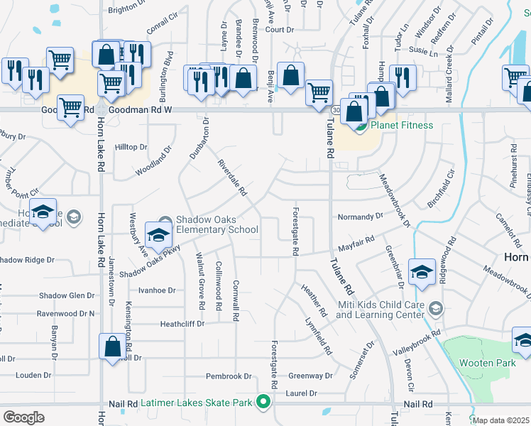 map of restaurants, bars, coffee shops, grocery stores, and more near 3530 Castle Drive in Horn Lake