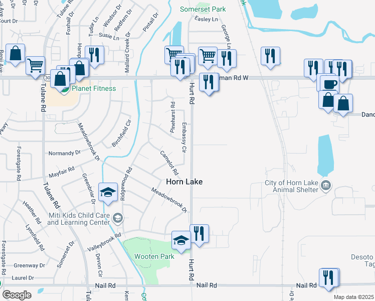 map of restaurants, bars, coffee shops, grocery stores, and more near 6670 Embassy Circle in Horn Lake