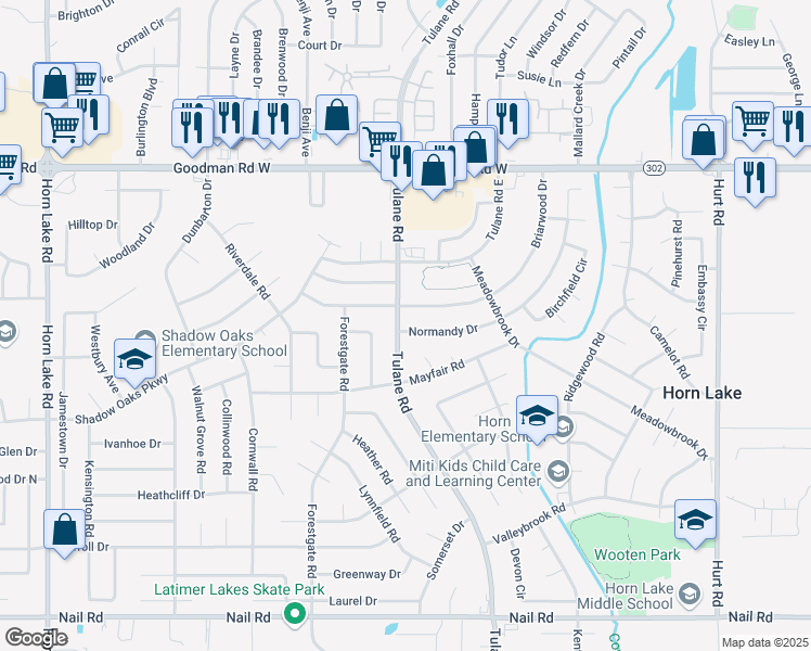 map of restaurants, bars, coffee shops, grocery stores, and more near 3150 Normandy Drive in Horn Lake