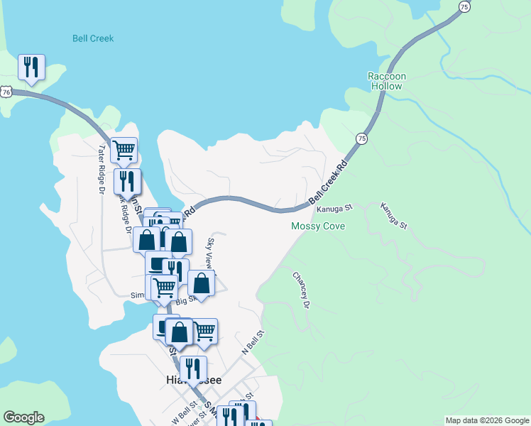 map of restaurants, bars, coffee shops, grocery stores, and more near Bell Creek Road in Hiawassee