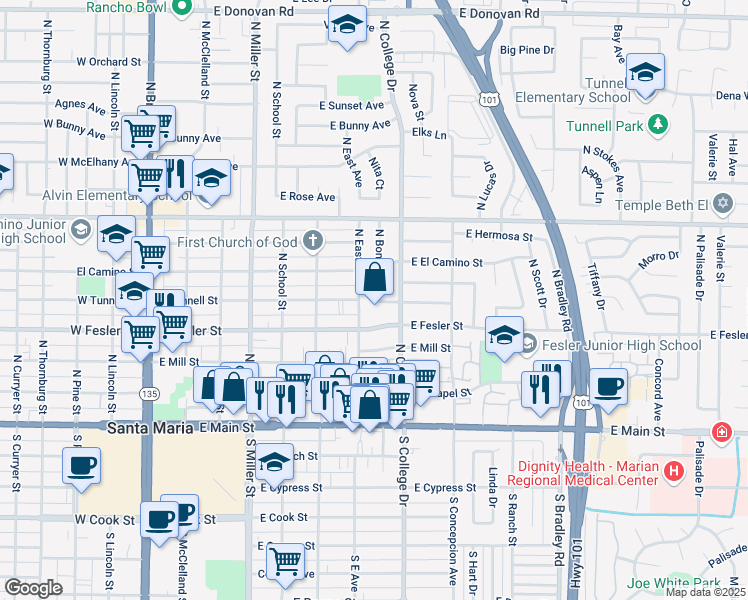 map of restaurants, bars, coffee shops, grocery stores, and more near 501 North Bonita Street in Santa Maria