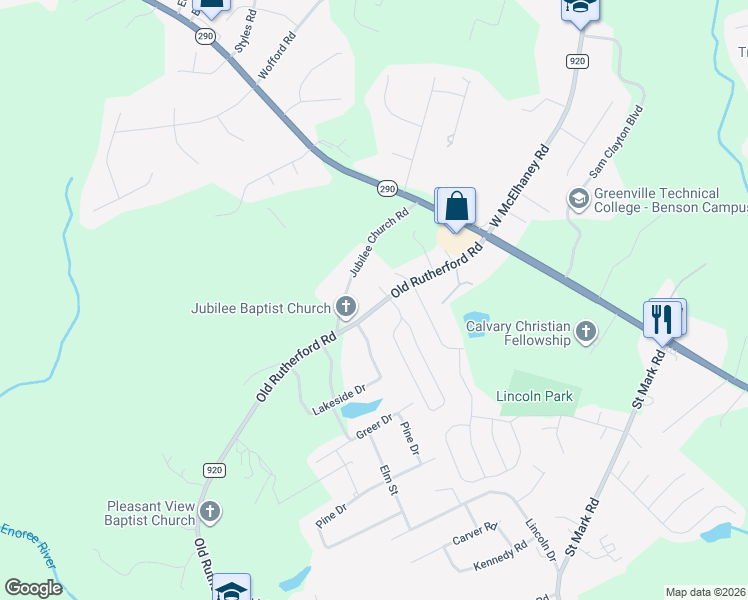 map of restaurants, bars, coffee shops, grocery stores, and more near 609 Old Rutherford Road in Taylors