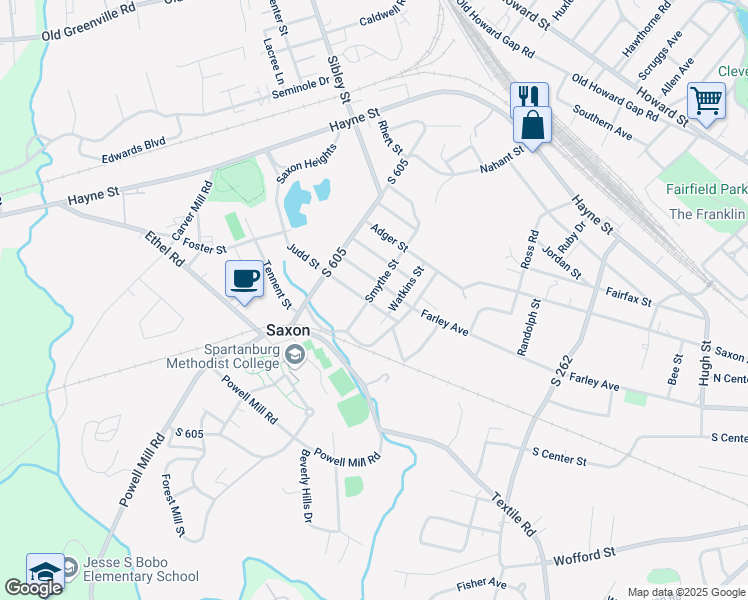map of restaurants, bars, coffee shops, grocery stores, and more near 14 Smythe Street in Spartanburg