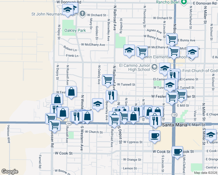 map of restaurants, bars, coffee shops, grocery stores, and more near 416 North Benwiley Avenue in Santa Maria