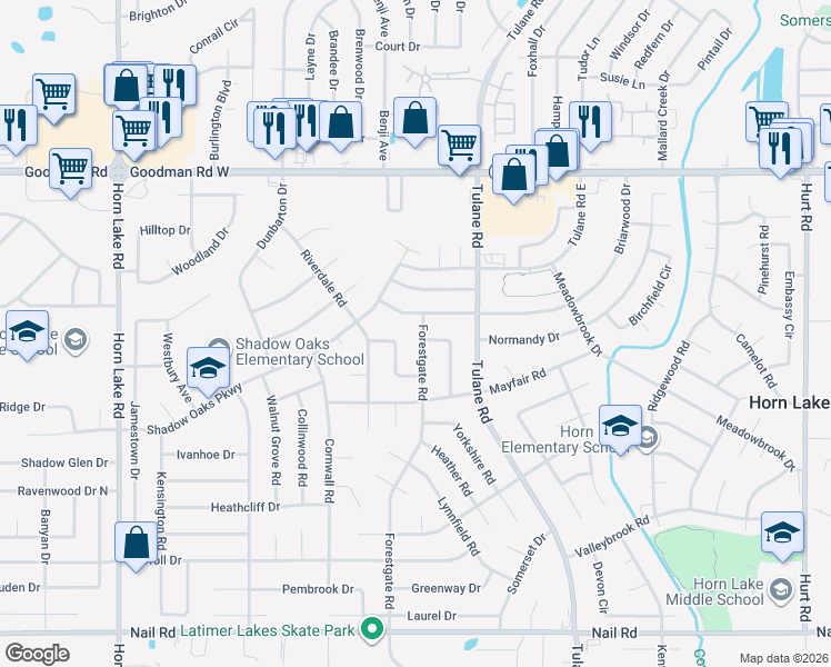 map of restaurants, bars, coffee shops, grocery stores, and more near 6695 Forestgate Road in Horn Lake