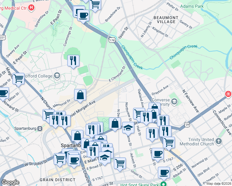 map of restaurants, bars, coffee shops, grocery stores, and more near 348 North Dean Street in Spartanburg