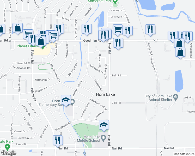 map of restaurants, bars, coffee shops, grocery stores, and more near 2560 Fairbrook Cove in Horn Lake