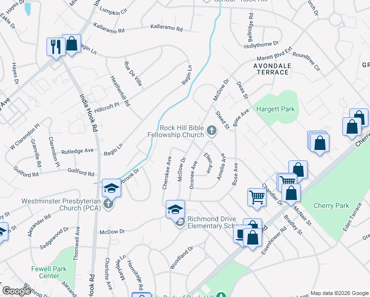 map of restaurants, bars, coffee shops, grocery stores, and more near 1203 McDow Drive in Rock Hill
