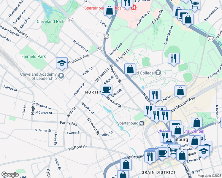 map of restaurants, bars, coffee shops, grocery stores, and more near 196 Weldon Street in Spartanburg