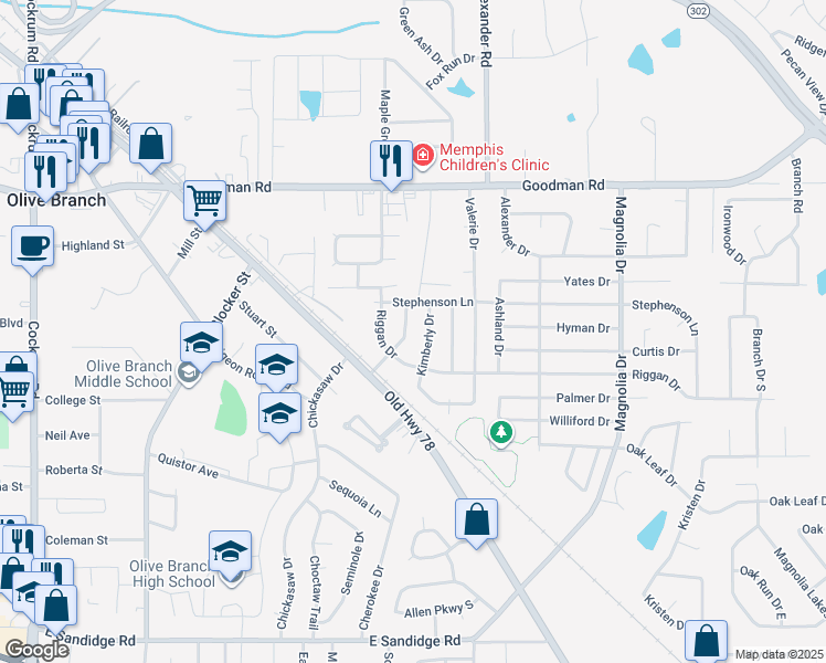 map of restaurants, bars, coffee shops, grocery stores, and more near 6678 Pleasant Acres Drive in Olive Branch