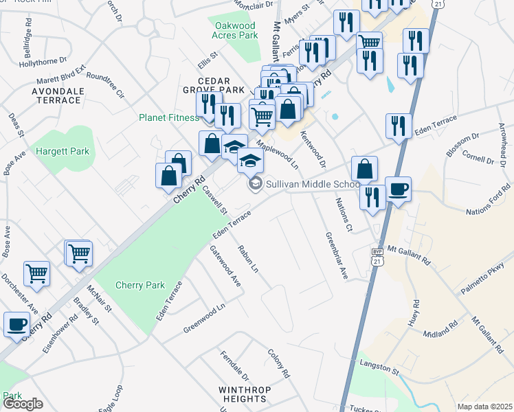 map of restaurants, bars, coffee shops, grocery stores, and more near 1825 Eden Terrace in Rock Hill