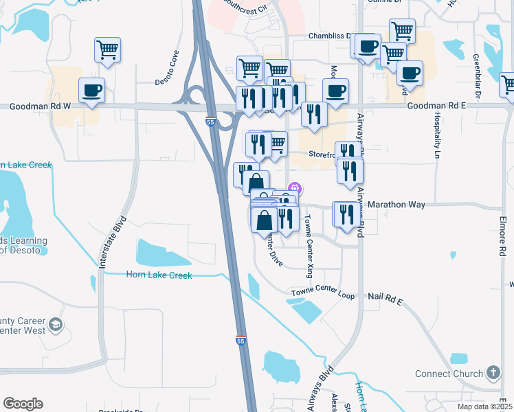 map of restaurants, bars, coffee shops, grocery stores, and more near 6620 Towne Center Loop in Southaven