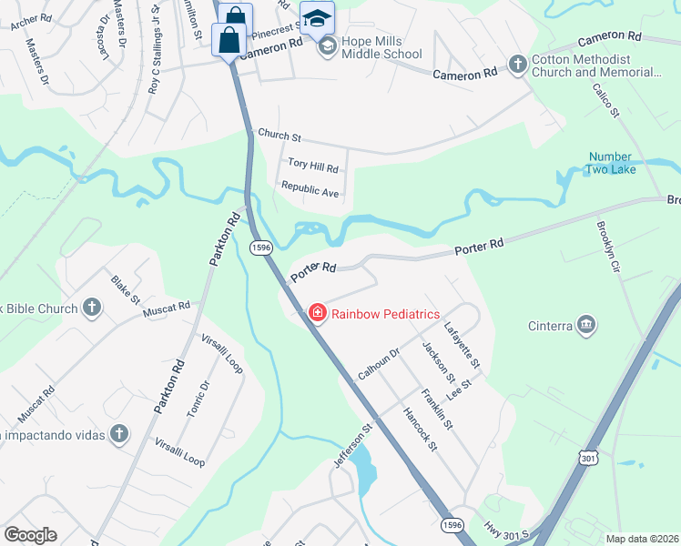 map of restaurants, bars, coffee shops, grocery stores, and more near 801-827 Porter Road in Hope Mills