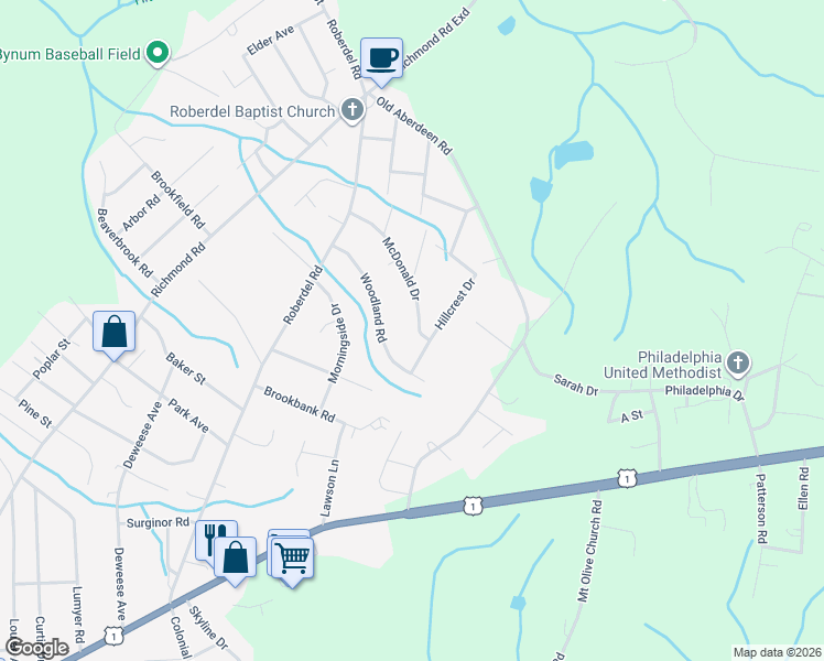 map of restaurants, bars, coffee shops, grocery stores, and more near 126 McDonald Drive in Rockingham