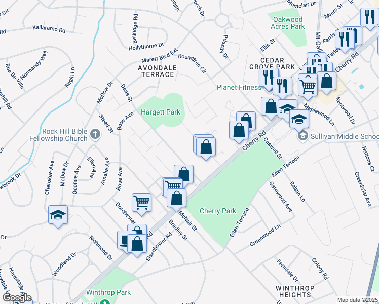 map of restaurants, bars, coffee shops, grocery stores, and more near 1051 Hearn Street in Rock Hill