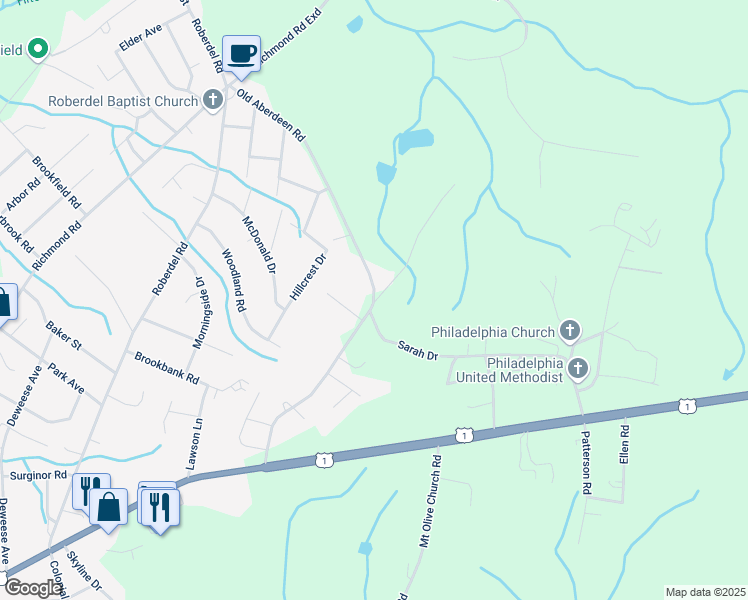 map of restaurants, bars, coffee shops, grocery stores, and more near 2308 Old Aberdeen Road in Rockingham