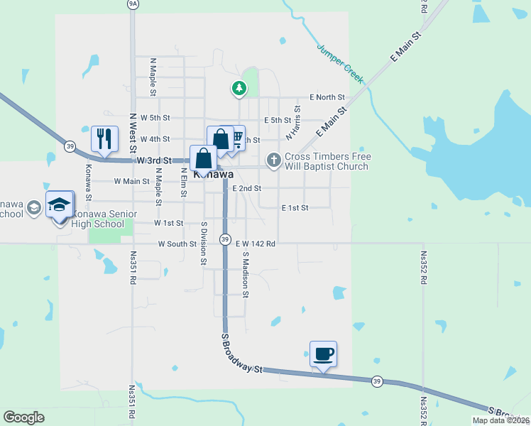 map of restaurants, bars, coffee shops, grocery stores, and more near 304 E 2nd St in Konawa