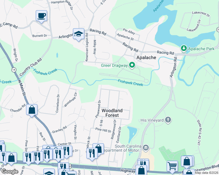 map of restaurants, bars, coffee shops, grocery stores, and more near 105 Autumn Hill Road in Greer