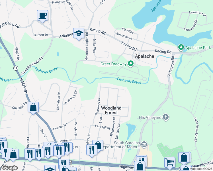 map of restaurants, bars, coffee shops, grocery stores, and more near 105 Autumn Hill Road in Greer