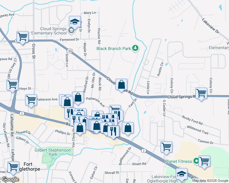 map of restaurants, bars, coffee shops, grocery stores, and more near 996 Cloud Springs Road in Rossville