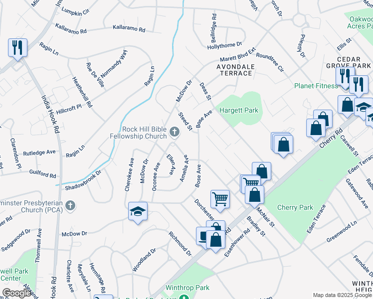 map of restaurants, bars, coffee shops, grocery stores, and more near 1334 Amelia Avenue in Rock Hill