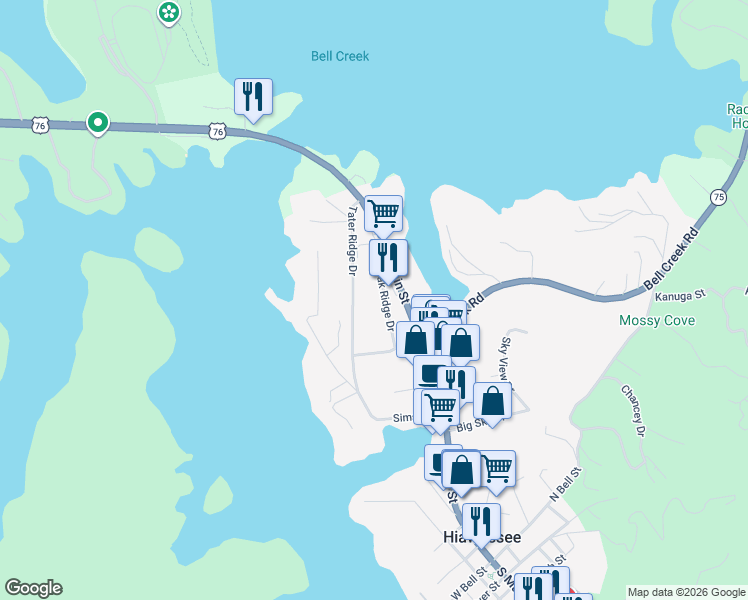 map of restaurants, bars, coffee shops, grocery stores, and more near 689 Oak Ridge Drive in Hiawassee
