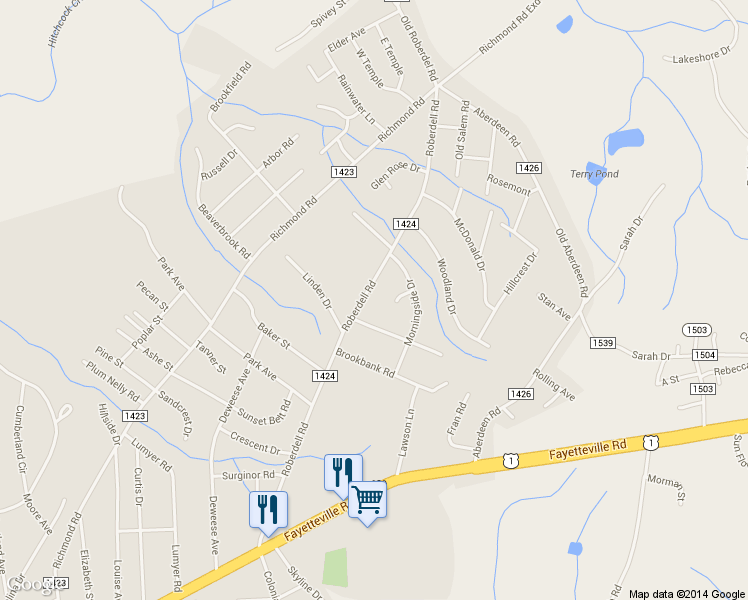 map of restaurants, bars, coffee shops, grocery stores, and more near 612 Roberdell Rd in Rockingham
