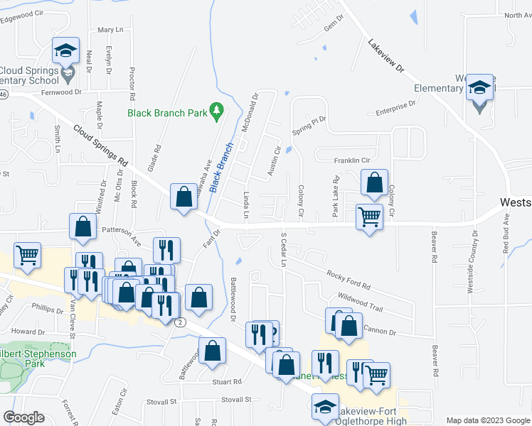 map of restaurants, bars, coffee shops, grocery stores, and more near 22 Ashton Lane in Fort Oglethorpe